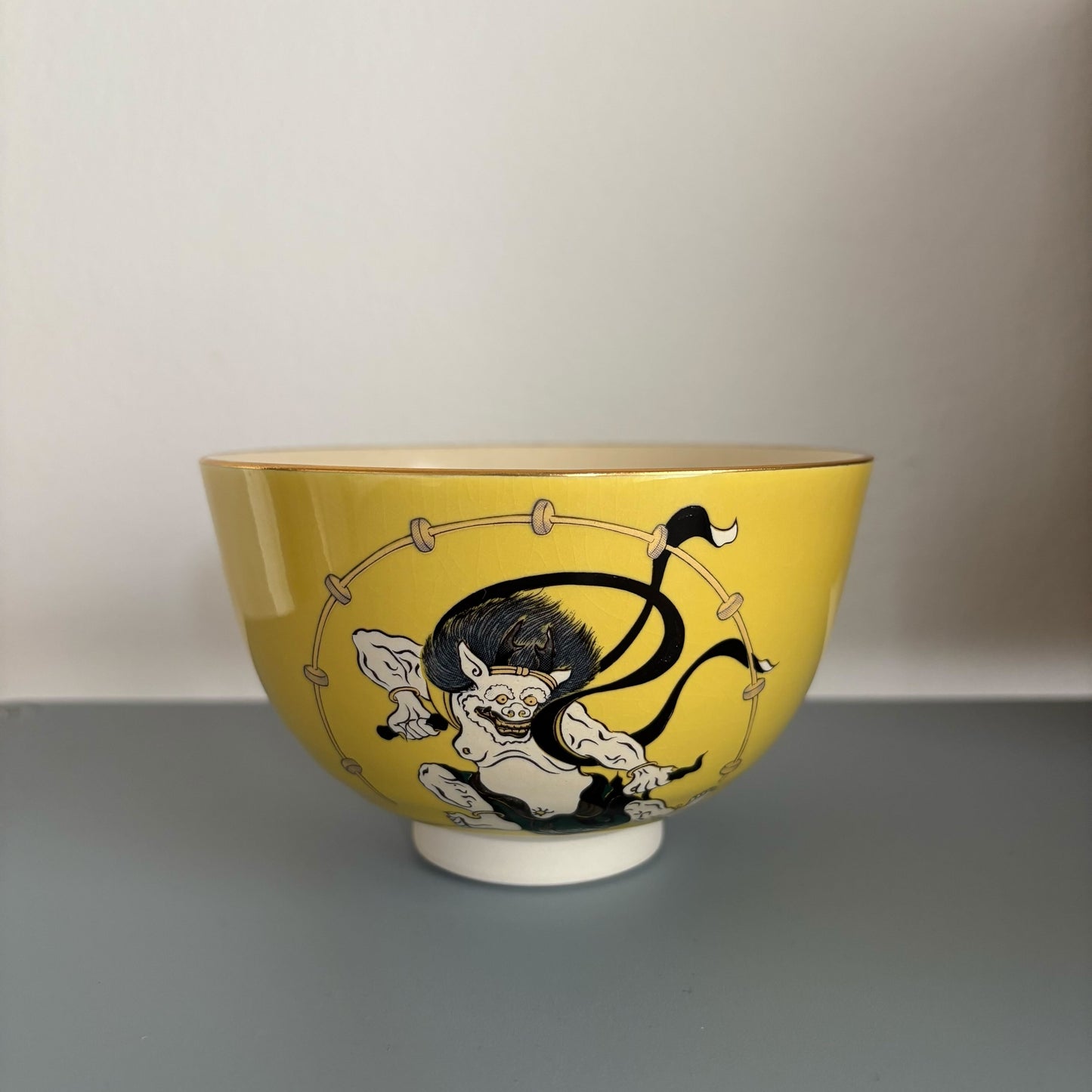 Sōtatsu-style Yellow-Glazed Matcha Bowl “Raijin” By Tohzan Kiln, Mino (Kato Tohzan)